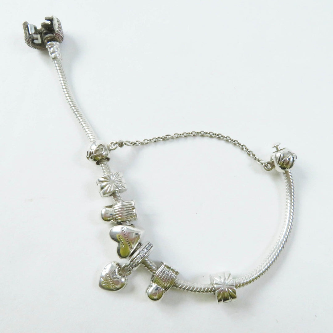 PANDORA bracelet Part: AG925, cubic zirconia Silver pink Comes with 7 charms Snake Chain Women Used Authentic