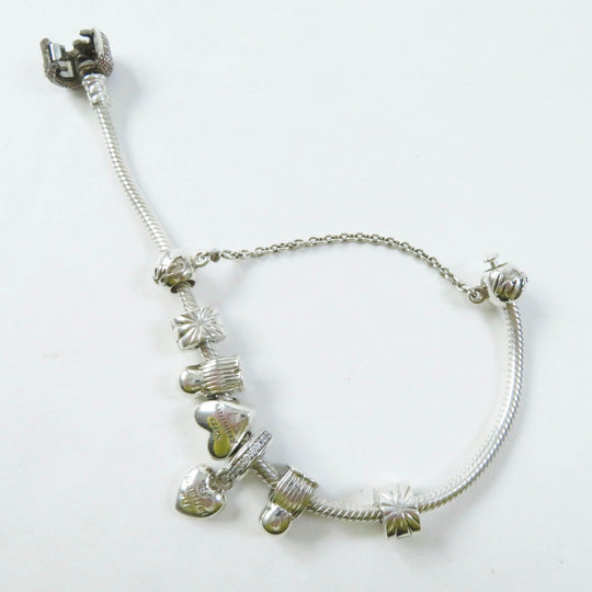 PANDORA bracelet Part: AG925, cubic zirconia Silver pink Comes with 7 charms Snake Chain Women Used Authentic