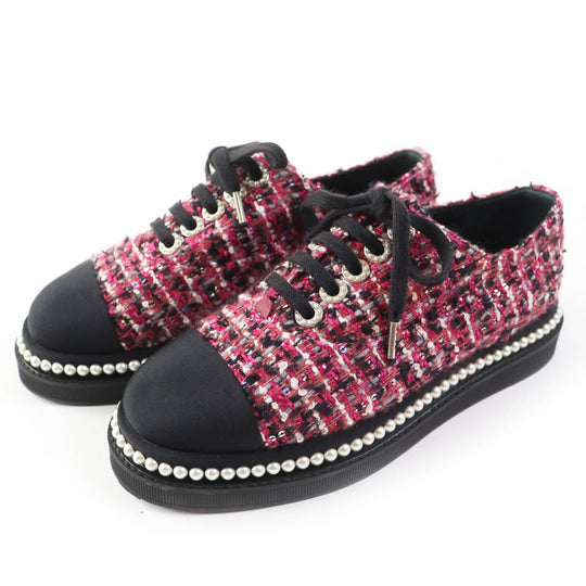 CHANEL Low cut sneakers G32357 tweed Pink black Women 35 Used Authentic