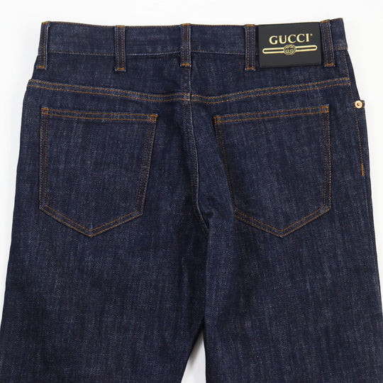 GUCCI Denim pants 623953 Main: 98% cotton, Main: 2% polyurethane acrylic, Part: leather Indigo blue Washed denim regular pants mens 32 Used Authentic