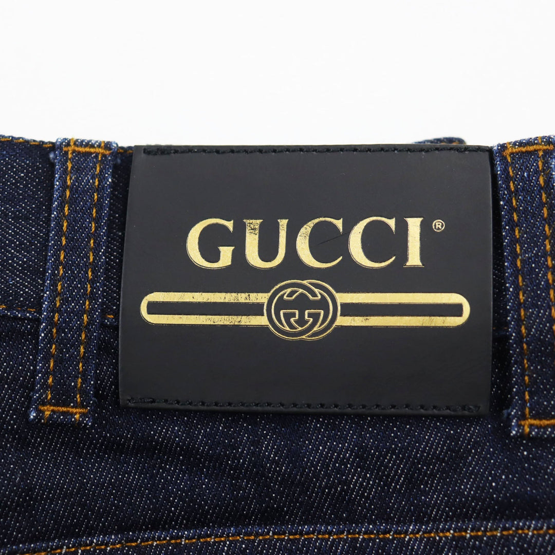 GUCCI Denim pants 623953 Main: 98% cotton, Main: 2% polyurethane acrylic, Part: leather Indigo blue Washed denim regular pants mens 32 Used Authentic