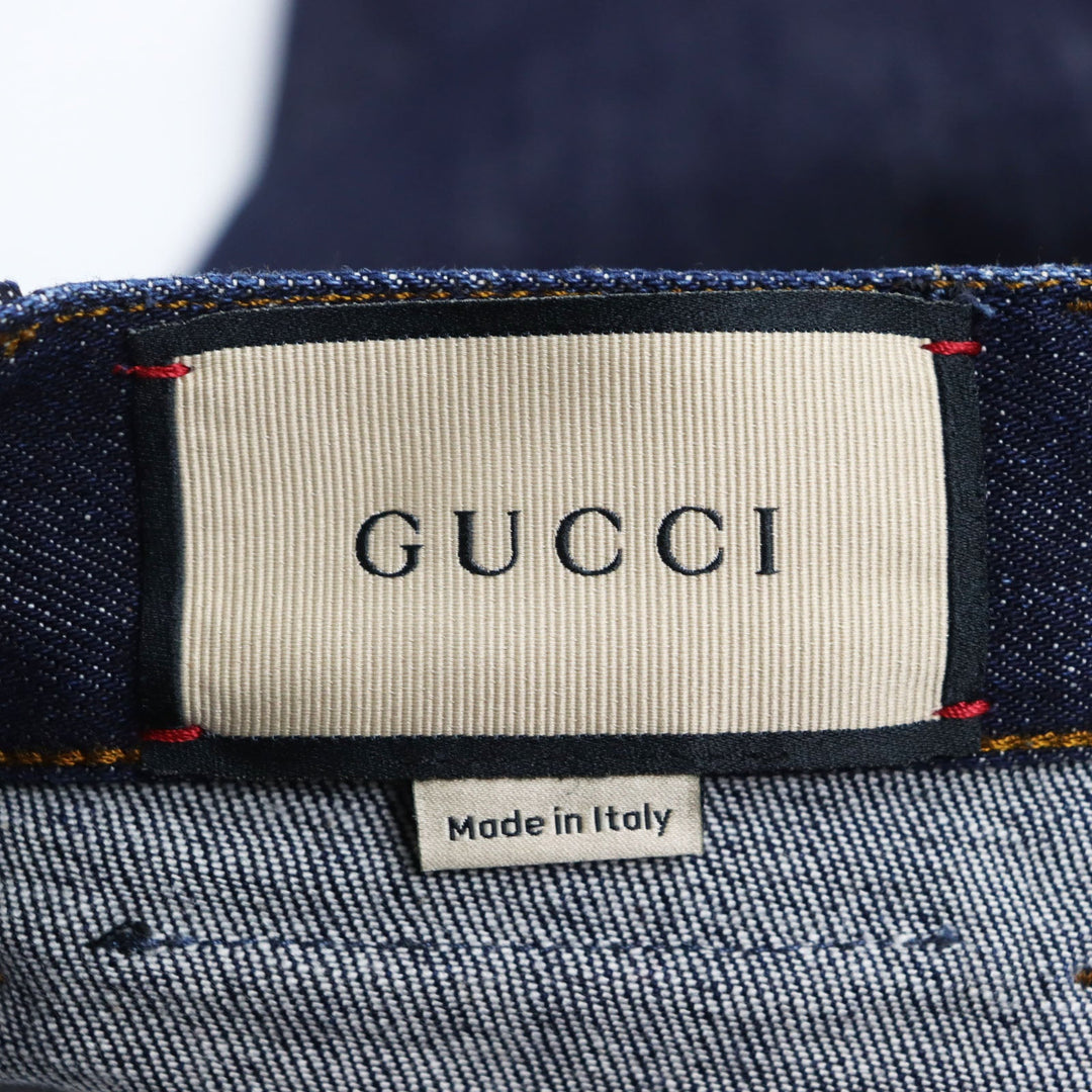 GUCCI Denim pants 623953 Main: 98% cotton, Main: 2% polyurethane acrylic, Part: leather Indigo blue Washed denim regular pants mens 32 Used Authentic