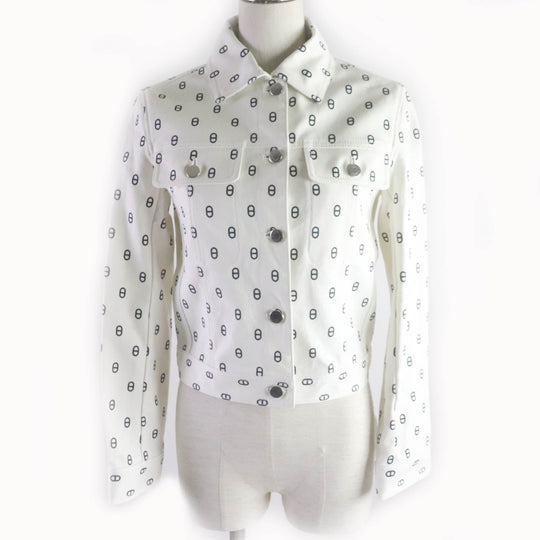 HERMES Denim Jacket Outer: 98% cotton, Outer: 2% polyurethane, Part: leather, Lining: 100% cotton White navy Women 40 Used Authentic