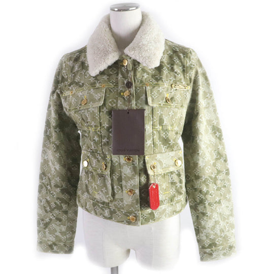 LOUIS VUITTON Denim Jacket Main: 100% cotton, Fur: Mouton khaki Monogrammed Lines Women 40 Used Authentic