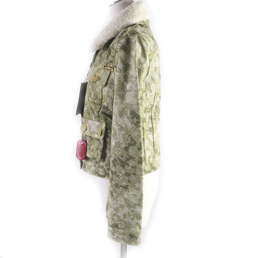 LOUIS VUITTON Denim Jacket Main: 100% cotton, Fur: Mouton khaki Monogrammed Lines Women 40 Used Authentic