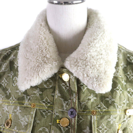 LOUIS VUITTON Denim Jacket Main: 100% cotton, Fur: Mouton khaki Monogrammed Lines Women 40 Used Authentic