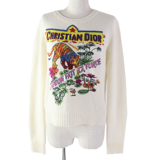 Christian Dior knit 344S57TM152 Outer: 100% cashmere, Part: 100% cotton White mulch Indian Tiger Motif Women 44 Used Authentic