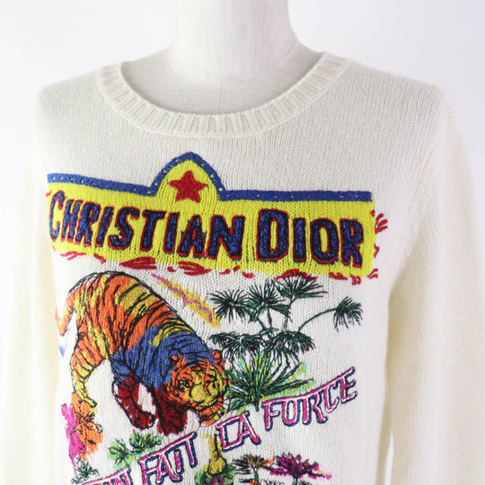 Christian Dior knit 344S57TM152 Outer: 100% cashmere, Part: 100% cotton White mulch Indian Tiger Motif Women 44 Used Authentic