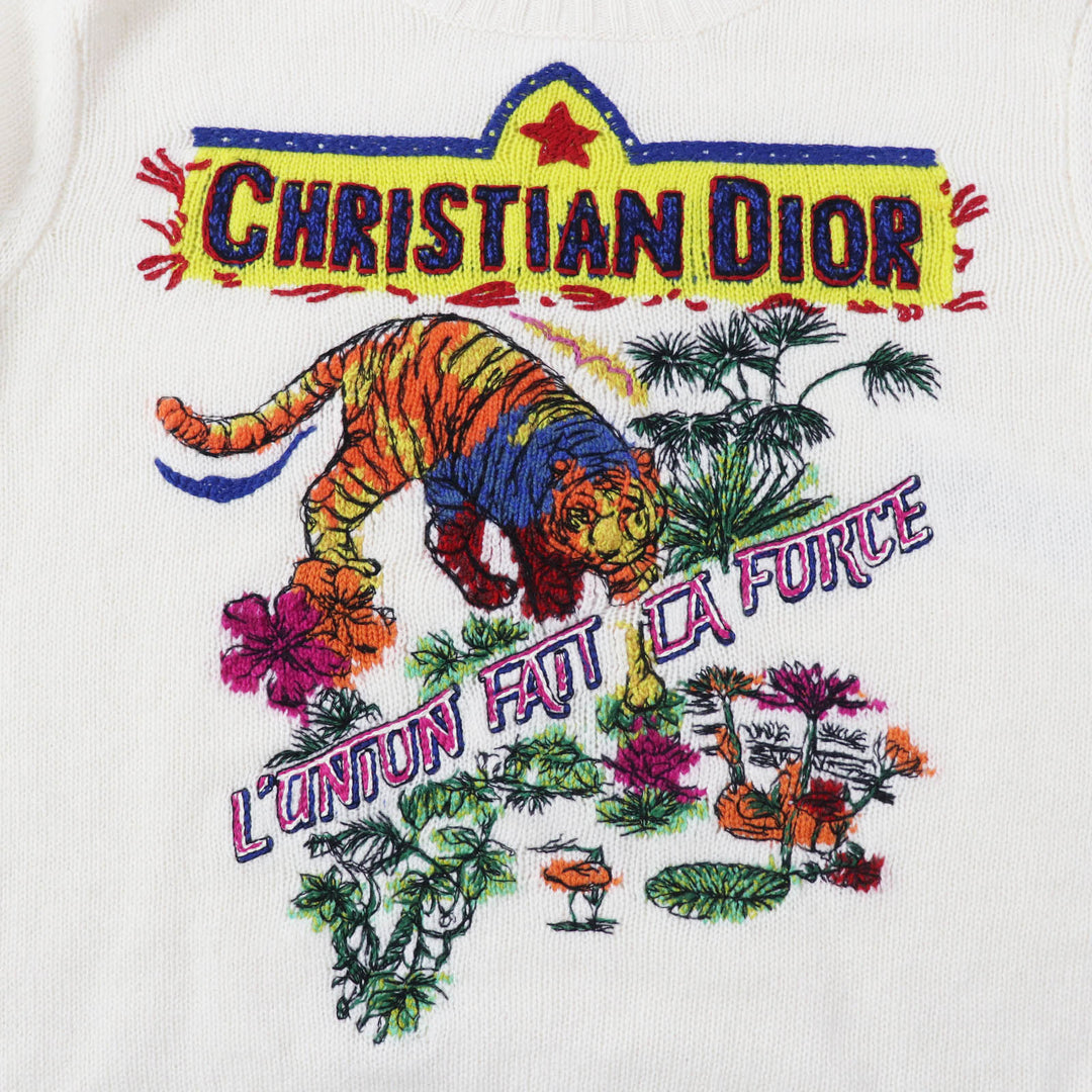 Christian Dior knit 344S57TM152 Outer: 100% cashmere, Part: 100% cotton White mulch Indian Tiger Motif Women 44 Used Authentic