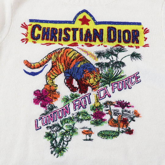 Christian Dior knit 344S57TM152 Outer: 100% cashmere, Part: 100% cotton White mulch Indian Tiger Motif Women 44 Used Authentic
