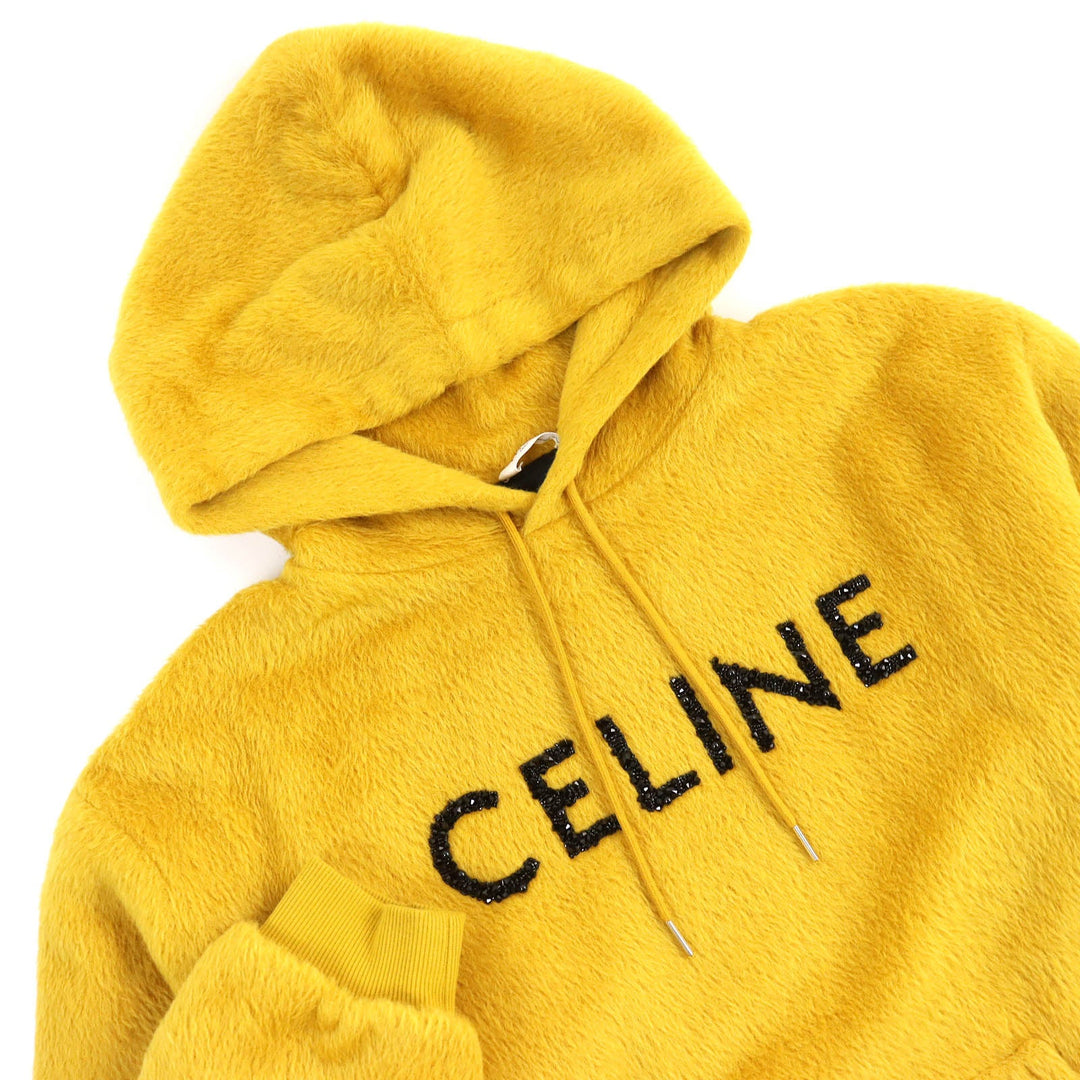CELINE Hoodie 2Y964925R Outer: 62% alpaca, Outer: 38% wool, Lining: 100% rayon, Rib: 96% cotton, 4% polyurethane, Filling: 100% polyester Mustard Black Fuzzy wool loose fit hoodie mens L Used Authentic