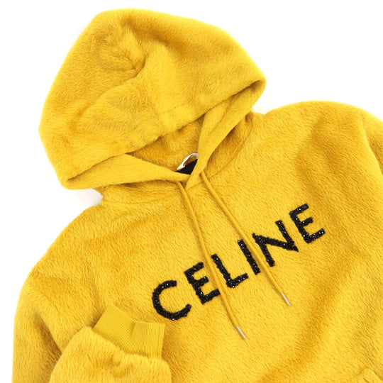 CELINE Hoodie 2Y964925R Outer: 62% alpaca, Outer: 38% wool, Lining: 100% rayon, Rib: 96% cotton, 4% polyurethane, Filling: 100% polyester Mustard Black Fuzzy wool loose fit hoodie mens L Used Authentic