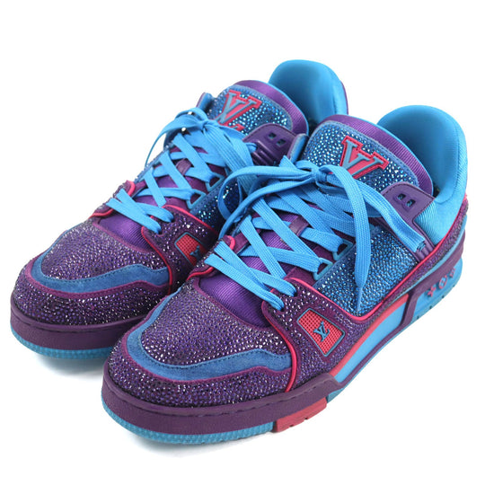 LOUIS VUITTON sneakers 1A9JWJ Suede, Fabric, Rhinestone Blue purple LV Trainer Line mens 8 Used Authentic