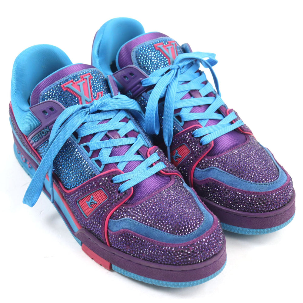 LOUIS VUITTON sneakers 1A9JWJ Suede, Fabric, Rhinestone Blue purple LV Trainer Line mens 8 Used Authentic