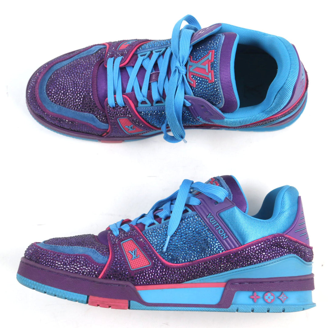 LOUIS VUITTON sneakers 1A9JWJ Suede, Fabric, Rhinestone Blue purple LV Trainer Line mens 8 Used Authentic