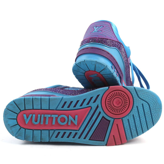 LOUIS VUITTON sneakers 1A9JWJ Suede, Fabric, Rhinestone Blue purple LV Trainer Line mens 8 Used Authentic