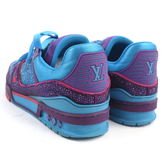 LOUIS VUITTON sneakers 1A9JWJ Suede, Fabric, Rhinestone Blue purple LV Trainer Line mens 8 Used Authentic