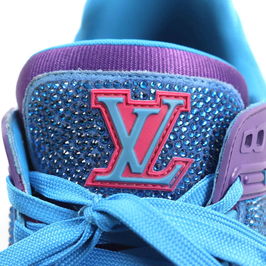LOUIS VUITTON sneakers 1A9JWJ Suede, Fabric, Rhinestone Blue purple LV Trainer Line mens 8 Used Authentic