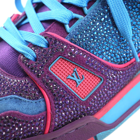 LOUIS VUITTON sneakers 1A9JWJ Suede, Fabric, Rhinestone Blue purple LV Trainer Line mens 8 Used Authentic
