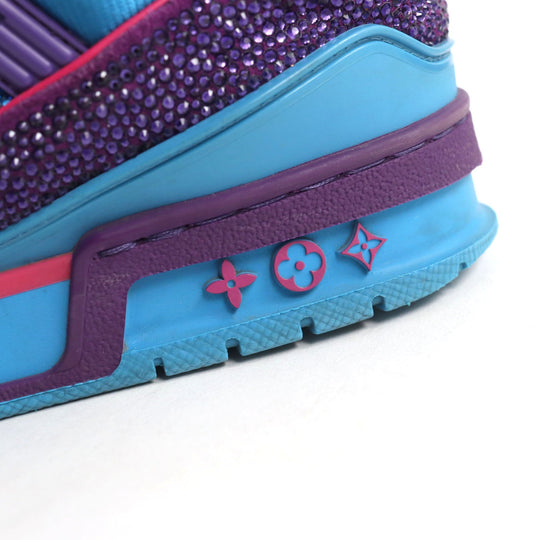 LOUIS VUITTON sneakers 1A9JWJ Suede, Fabric, Rhinestone Blue purple LV Trainer Line mens 8 Used Authentic