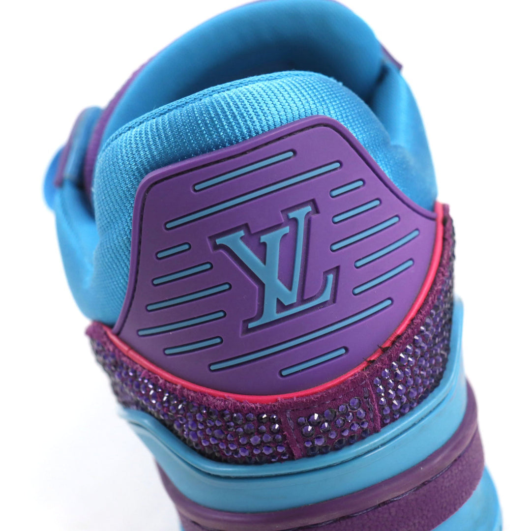 LOUIS VUITTON sneakers 1A9JWJ Suede, Fabric, Rhinestone Blue purple LV Trainer Line mens 8 Used Authentic