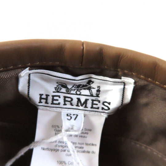 HERMES beret Outer: 100% cotton, Lining: 65% rayon, Lining: 35% silk, Part: leather Brown Women 57 Used Authentic