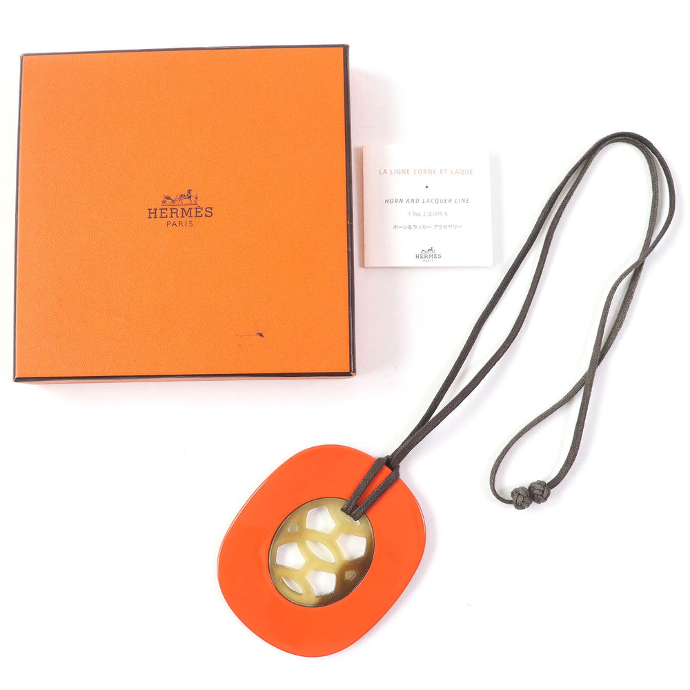 HERMES Necklace Buffalo Fawn Lacquer Wood Orange Brown type Lift GM Women Used Authentic
