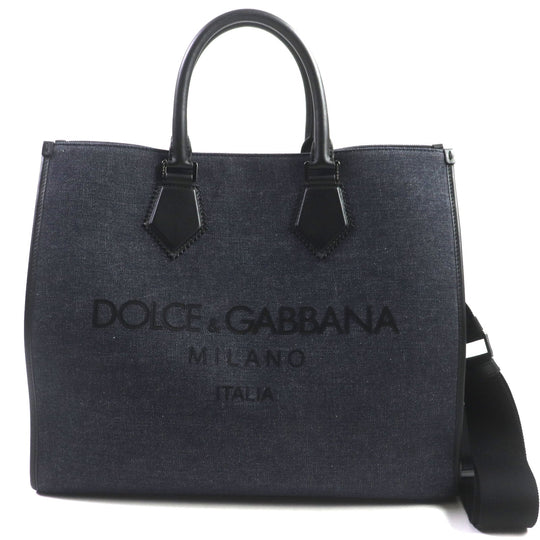 DOLCE&GABBANA Tote Bag Main: Canvas, Main: Leather Indigo black logo edge shopping bag large mens Used Authentic