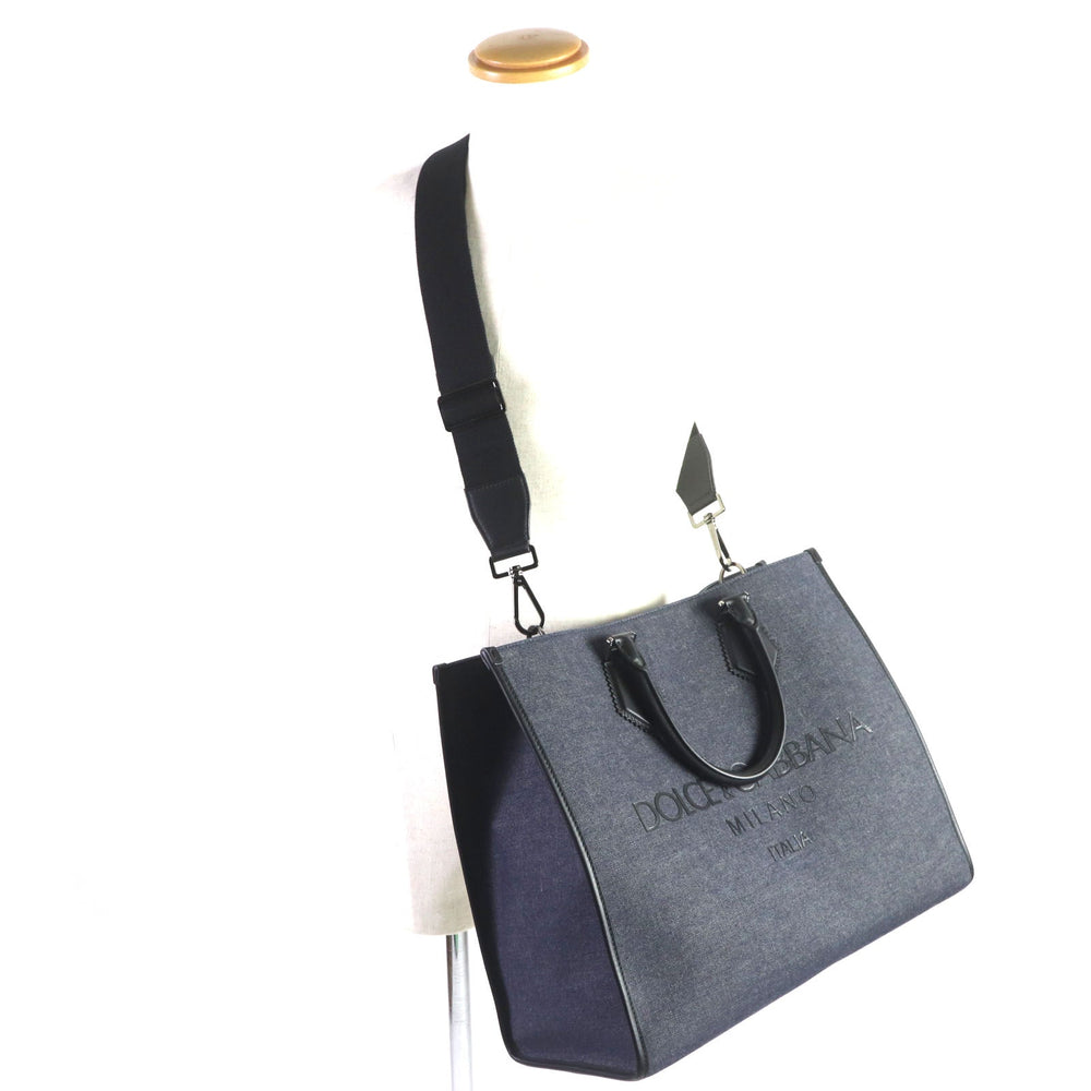 DOLCE&GABBANA Tote Bag Main: Canvas, Main: Leather Indigo black logo edge shopping bag large mens Used Authentic