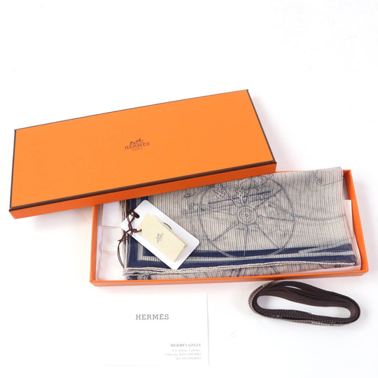 HERMES scarf Main: 100% silk Marine / Blanc / Gris VOITURES EN EQUILIBRE Carre45 Women Used Authentic