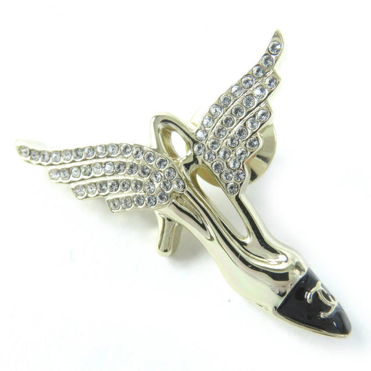 CHANEL Brooch B23C Gold Plated. Rhinestones Gold black Pumps heels motif feather COCO Mark Pin Brooch Women Used Authentic