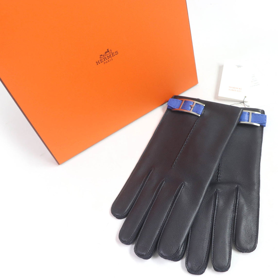 HERMES gloves Main: Lamb leather, Lining: 100% silk Dark navy mens 8 Used Authentic