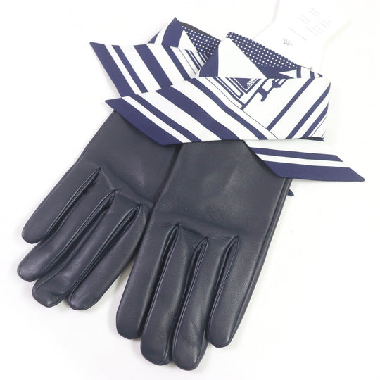 HERMES gloves Main: Lamb leather, Lining and scarf: 100% silk Navy Women 7.5 Used Authentic