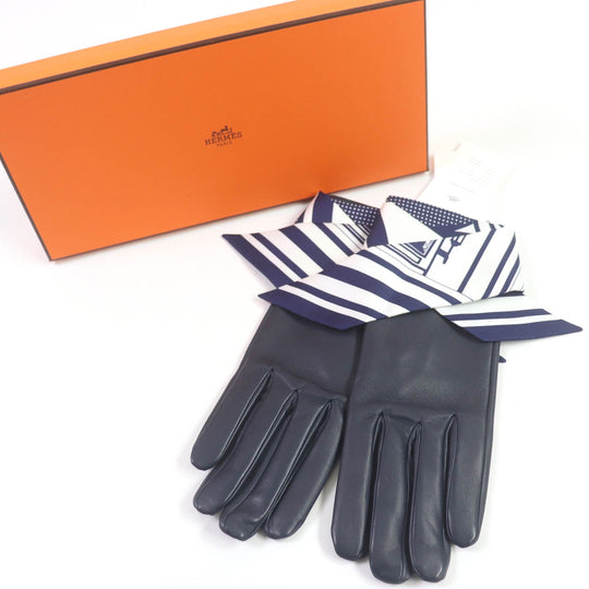 HERMES gloves Main: Lamb leather, Lining and scarf: 100% silk Navy Women 7.5 Used Authentic