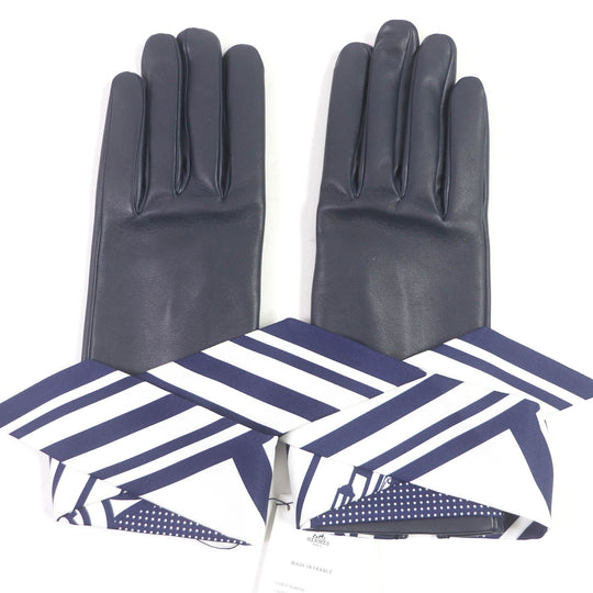HERMES gloves Main: Lamb leather, Lining and scarf: 100% silk Navy Women 7.5 Used Authentic