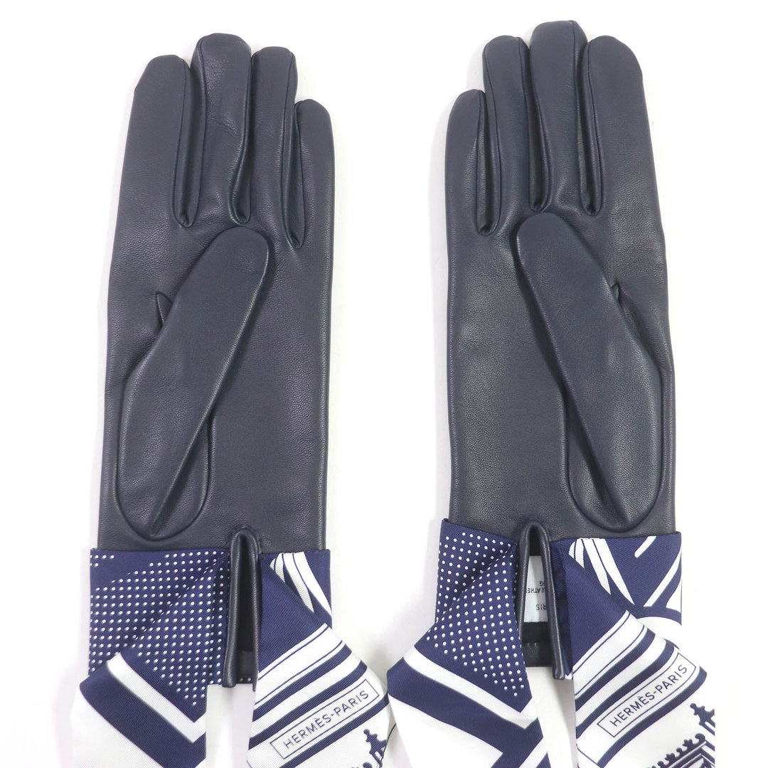 HERMES gloves Main: Lamb leather, Lining and scarf: 100% silk Navy Women 7.5 Used Authentic