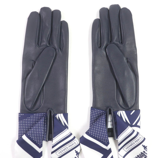 HERMES gloves Main: Lamb leather, Lining and scarf: 100% silk Navy Women 7.5 Used Authentic