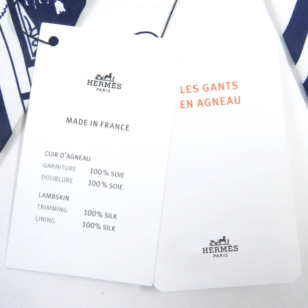 HERMES gloves Main: Lamb leather, Lining and scarf: 100% silk Navy Women 7.5 Used Authentic