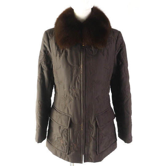 LEONARD FASHION Jacket Outer: 100% silk, Filling: 100% polyester, Fur: fox, Lining (print): 100% silk, Lining (solid): 100% cupra Dark brown Women 9AR Used Authentic