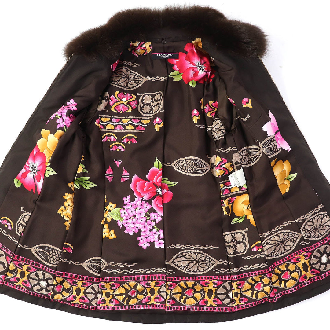 LEONARD FASHION Jacket Outer: 100% silk, Filling: 100% polyester, Fur: fox, Lining (print): 100% silk, Lining (solid): 100% cupra Dark brown Women 9AR Used Authentic