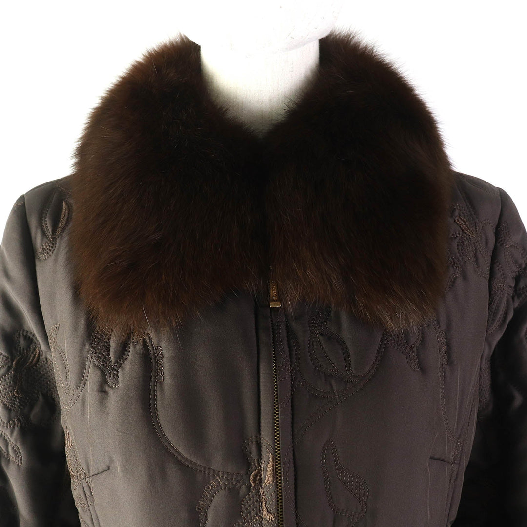 LEONARD FASHION Jacket Outer: 100% silk, Filling: 100% polyester, Fur: fox, Lining (print): 100% silk, Lining (solid): 100% cupra Dark brown Women 9AR Used Authentic