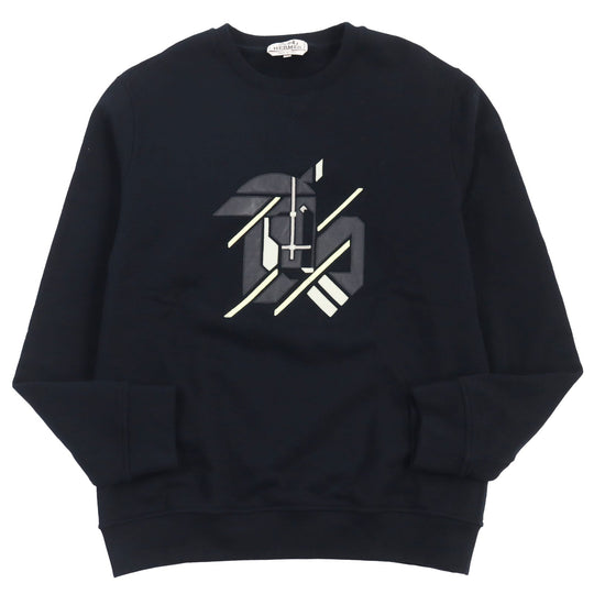 HERMES sweat Main: 100% cotton, part: 90% cotton, part: 10% polyester, part: lamb leather black Chevaux en Symmetry mens M Used Authentic