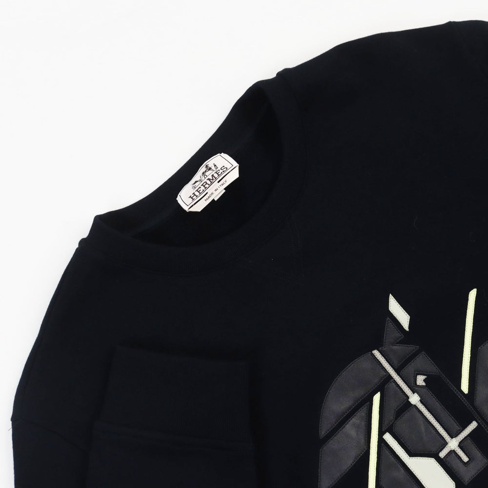 HERMES sweat Main: 100% cotton, part: 90% cotton, part: 10% polyester, part: lamb leather black Chevaux en Symmetry mens M Used Authentic