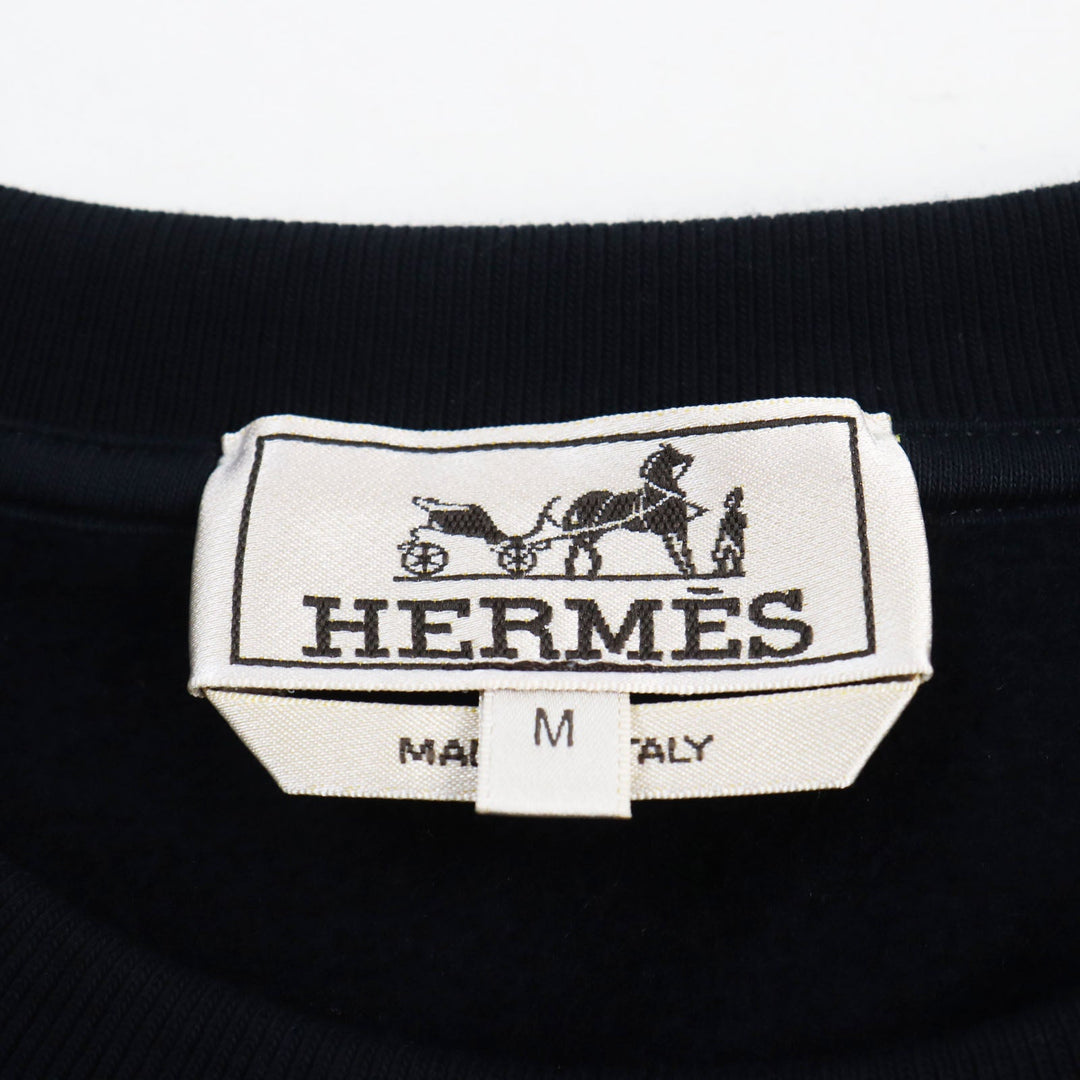 HERMES sweat Main: 100% cotton, part: 90% cotton, part: 10% polyester, part: lamb leather black Chevaux en Symmetry mens M Used Authentic