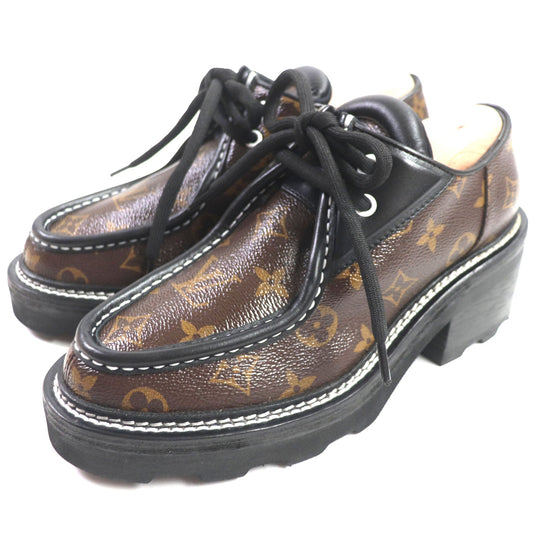 LOUIS VUITTON Leather shoes Part: Leather, Monogram canvas Brown black Bobble Line Derby Women 38 Used Authentic