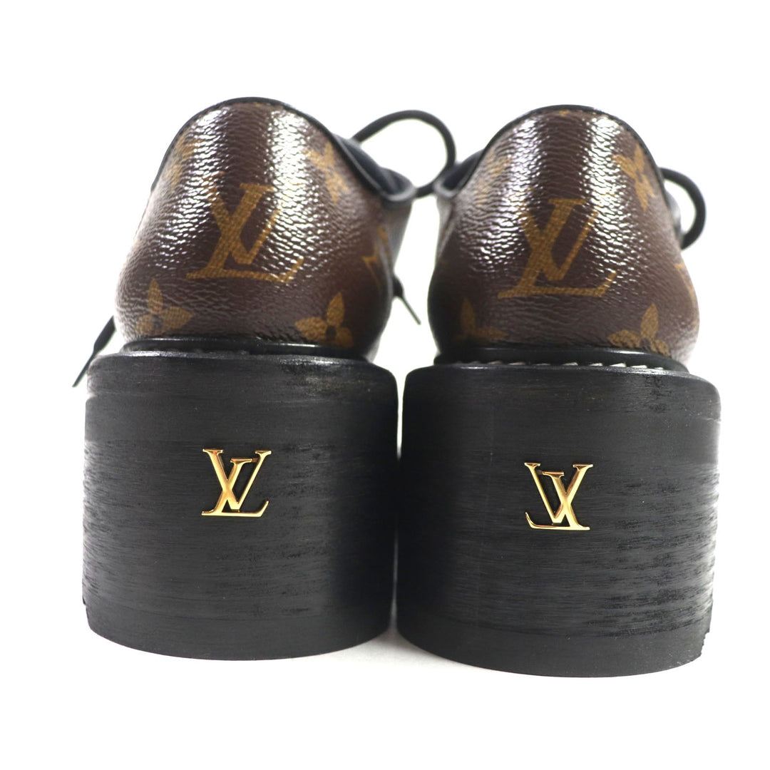 LOUIS VUITTON Leather shoes Part: Leather, Monogram canvas Brown black Bobble Line Derby Women 38 Used Authentic