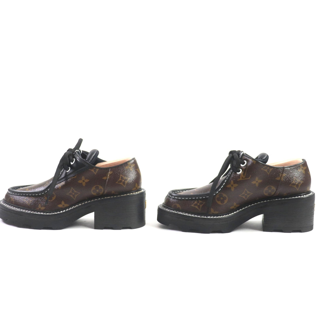 LOUIS VUITTON Leather shoes Part: Leather, Monogram canvas Brown black Bobble Line Derby Women 38 Used Authentic