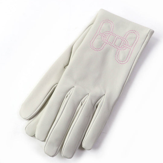 HERMES gloves Main: Leather, Lining: 100% Silk Light gray Chene Dunkle Women 7.5 Used Authentic