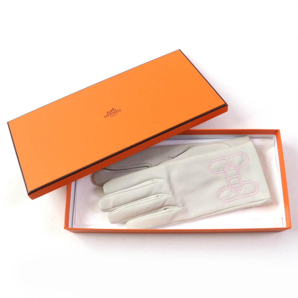 HERMES gloves Main: Leather, Lining: 100% Silk Light gray Chene Dunkle Women 7.5 Used Authentic