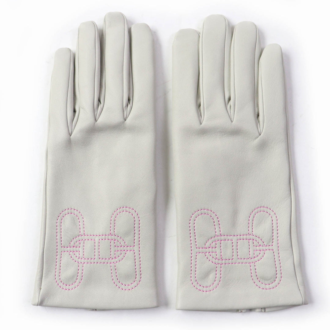 HERMES gloves Main: Leather, Lining: 100% Silk Light gray Chene Dunkle Women 7.5 Used Authentic